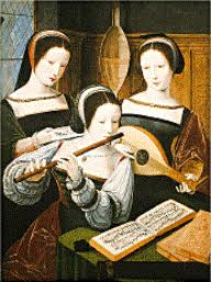 tableau ancien avec trois musiciennes